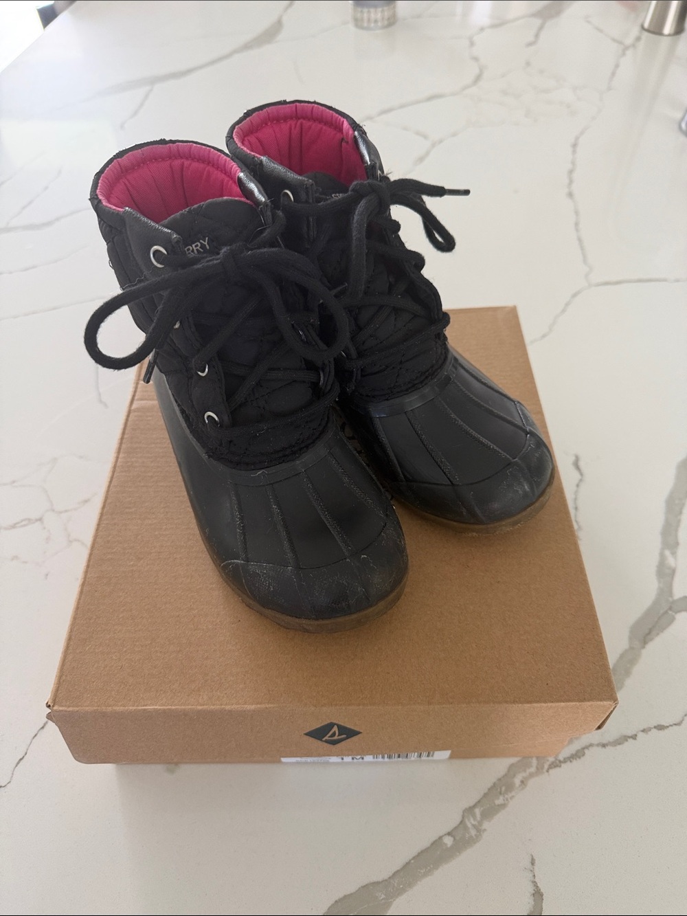 Sperry Kids Black Rain Boots with Pink Lining, Size 1
